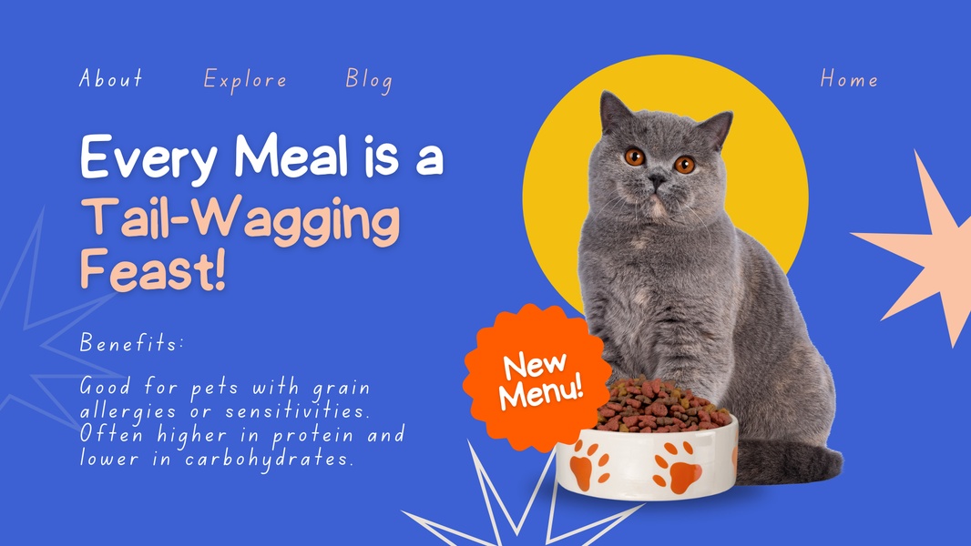 A clean, high-contrast ad featuring a cat beside its bowl, highlighting dietary benefits through a simple, bold color-blocked layout.